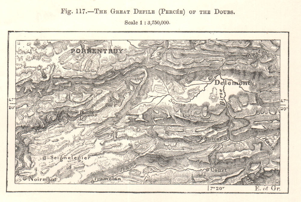The Great Defile (Percee) of the Doubs. Porrentruy. Switzerland. Sketch map 1885